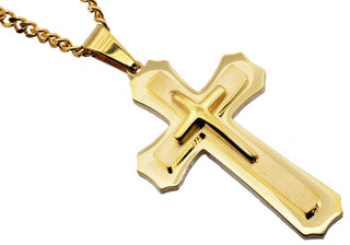 Men's Gold Stainless Steel Layered Cross Pendant Necklace With 24" Curb Chain