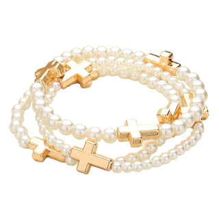3PCS - Metal Cross Pointed Pearl Beaded Stretch Bracelets