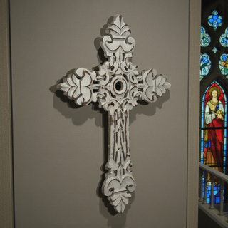 San Raul Fleur Carved MDF Wall Cross-Distressed White