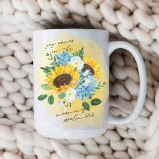 Joy in the Morning Bible Verse Watercolor Floral Christian 15oz Ceramic Coffee Mug