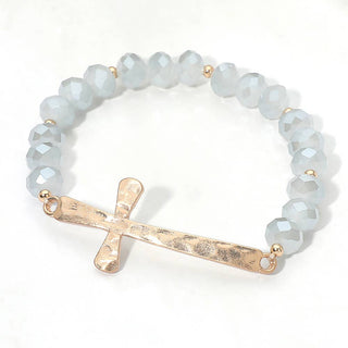 Brushed Hammered Metal Cross Accent Faceted Beaded Stretch Bracelet