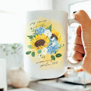Joy in the Morning Bible Verse Watercolor Floral Christian 15oz Ceramic Coffee Mug