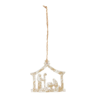 Nativity Scene Gold White Wood Ornament