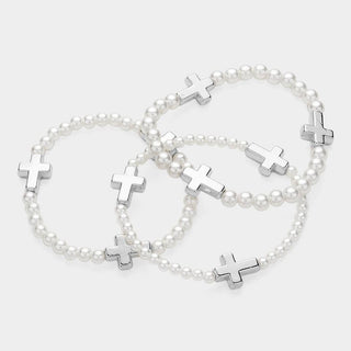 3PCS - Metal Cross Pointed Pearl Beaded Stretch Bracelets