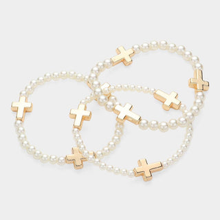 3PCS - Metal Cross Pointed Pearl Beaded Stretch Bracelets