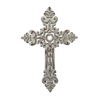 San Raul Fleur Carved MDF Wall Cross-Distressed White