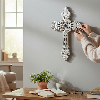 San Raul Fleur Carved MDF Wall Cross-Distressed White