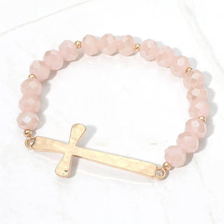 Brushed Hammered Metal Cross Accent Faceted Beaded Stretch Bracelet