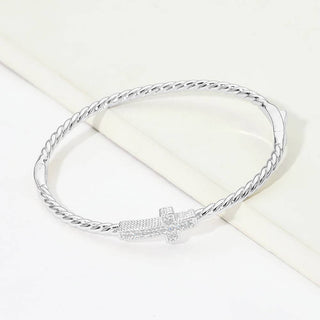 14K Gold Plated CZ Pave Cross Accent Twisted Hinged Bangle Bracelet