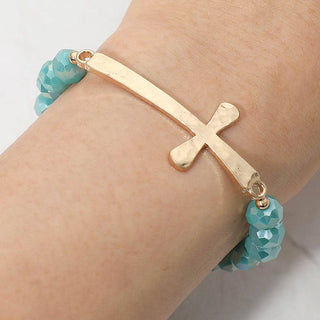 Brushed Hammered Metal Cross Accent Faceted Beaded Stretch Bracelet