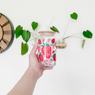 Tis So Sweet To Trust In Jesus Strawberry Glass Can with Bamboo Lid and Glass Straw