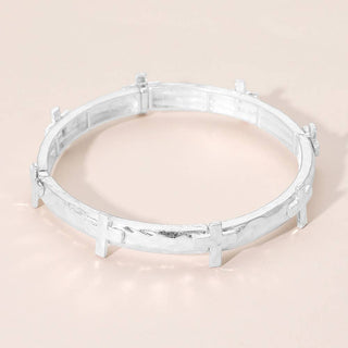 Hammered Brushed Metal Cross Accent Stretch Bracelet