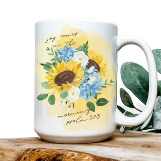 Joy in the Morning Bible Verse Watercolor Floral Christian 15oz Ceramic Coffee Mug