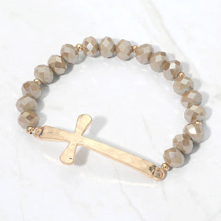 Brushed Hammered Metal Cross Accent Faceted Beaded Stretch Bracelet