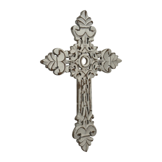 San Raul Fleur Carved MDF Wall Cross-Distressed White