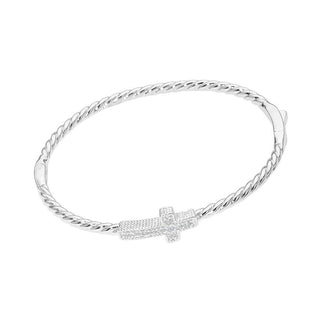 14K Gold Plated CZ Pave Cross Accent Twisted Hinged Bangle Bracelet