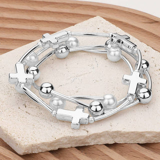 3PCS - Metal Cross Ball Pearl Station Stretch Multi Layered