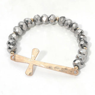 Brushed Hammered Metal Cross Accent Faceted Beaded Stretch Bracelet