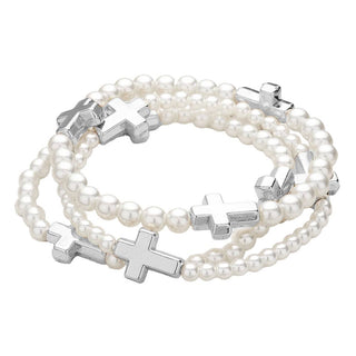 3PCS - Metal Cross Pointed Pearl Beaded Stretch Bracelets